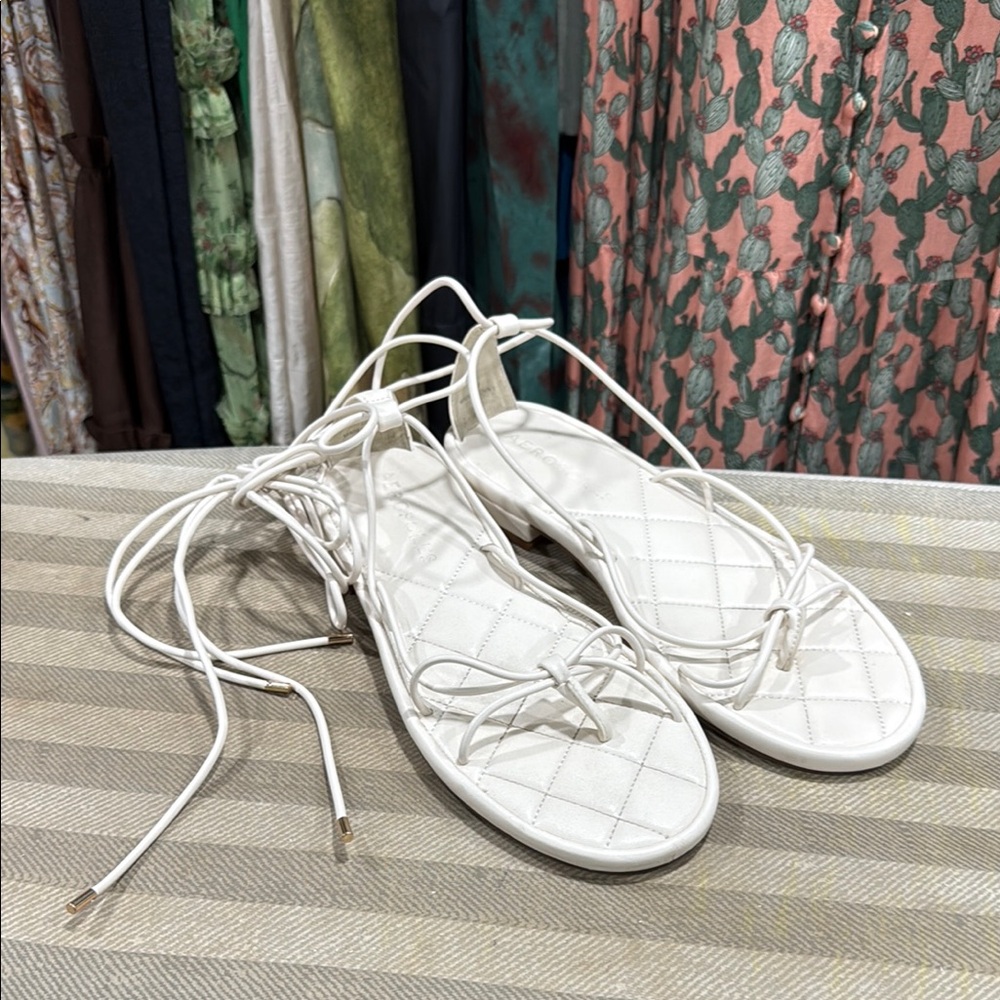AEROSOLES White Quilted Lace-Up Flat Sandals